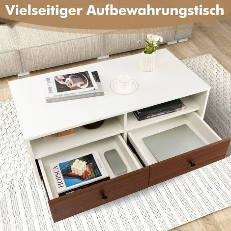 Tavolino con 2 cassetti e 2 ripiani tavolo da soggiorno rettangolare con spazio di archiviazione 95 x 48 x 45 cm