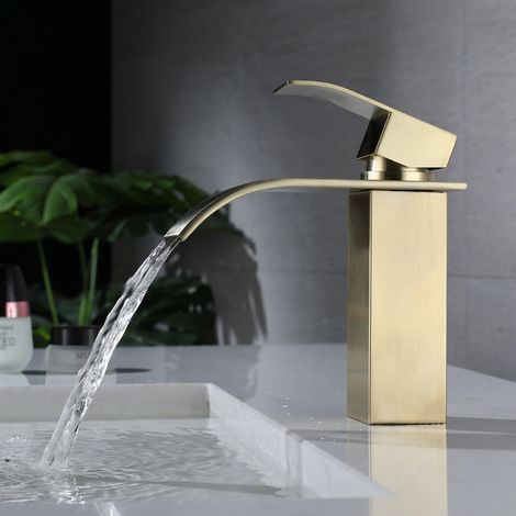 Wasserfall-Waschbeckenarmatur, Einhebel-Waschbeckenarmatur, Wasserfall-Wasserhahn mit hohem Auslauf aus Edelstahl, gebürstetes Gold (1/4)