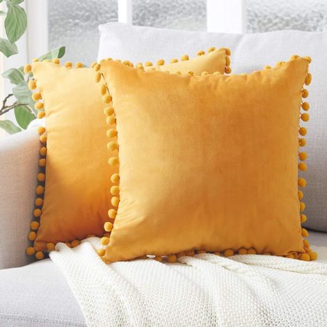 MINKUROW Pelo Bola Encaje Funda De Almohada Felpa Terciopelo Sofá Cojín Funda De Almohada Bola Bola Funda De Cojín 18x18 Pulgadas 45x45 Cm-Amarillo Naranja-45x45cm（2pcs） (1/4)