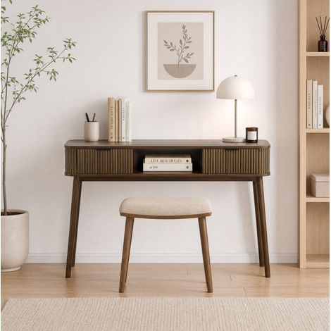 Tavolo consolle vintage con 2 cassetti e vano aperto, 120 x 35 x 77,6 cm, MDF noce (1/5)