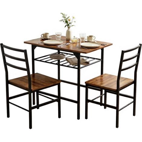 Ensemble table à manger 3 pièces style industriel : 1 table 80x50 cm + 2 chaises, cadre métallique plateau mélaminé effet bois, chaises escamotables pour petit espace cuisine salle à manger (1/5)