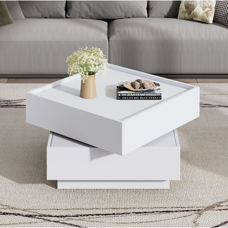 Tavolino da caffè 60x60x38 cm bianco in truciolare con piano girevole 360° e 2 cassetti (1/5)