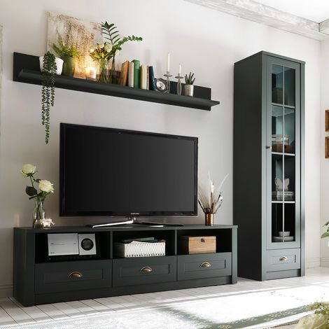 Landhaus Wohnzimmer Wohnwand ATHEN-61 in edlem englisch-grün - B/H/T: 225/197/43 cm (1/5)