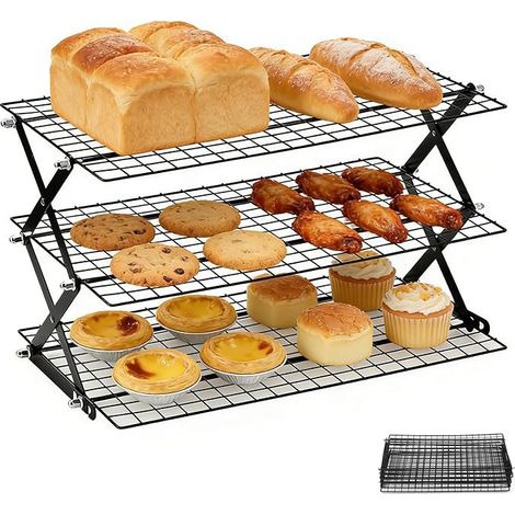 Pastry Cooling Rack, 3 Levels Foldable Space Saving Pastry Grill, Baking Accessory for Cakes, Bread, Roasting Drying, Oven and Dishwasher Safe, Height Adjustable (1/5)