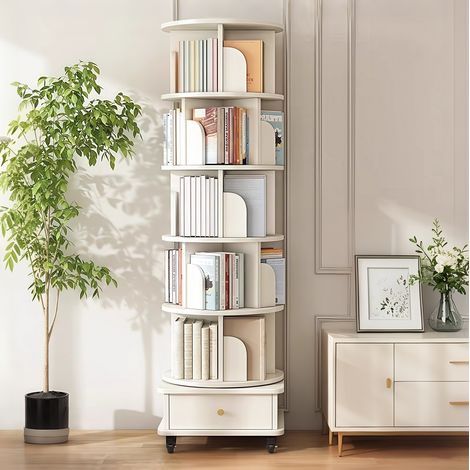 Librería giratoria 360° blanca de MDF, 46 x 46 x 173 cm, cajón y ruedas HAVRYA (1/5)