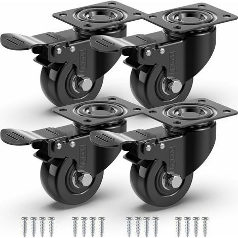 4 schwenkbare Rollen für Möbel mit Bremse + Schrauben - 50 mm bis 200 kg - bodenschonende Schwerlastrollen - Gummiräder für Wagen - Schwarz (1/5)