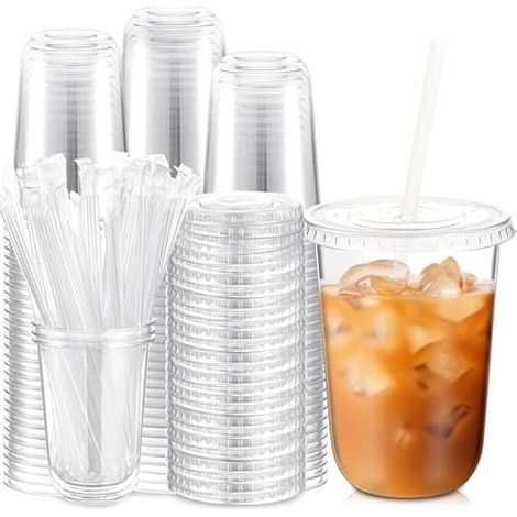 50 gobelets en plastique transparent avec couvercles et pailles en papier, 480 ml, verre à café réutilisable, élégant verre à boire pour fête, smoothie, milkshake, boisson froide, traiteur