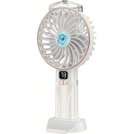 Ventilateur portable mini – 11 cm, 3 pales, 5 vitesses, batterie 2400 mAh, avec socle de bureau, couleur blanc et or (1/3)