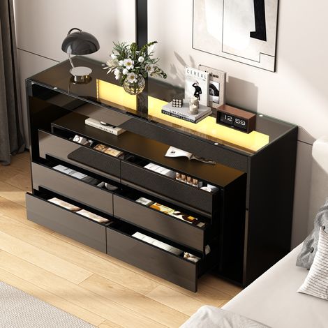 Cassettiera 140×40×72cm, 6 cassetti, LED, credenza, mobile da cucina, spazio aperto, nero (1/5)