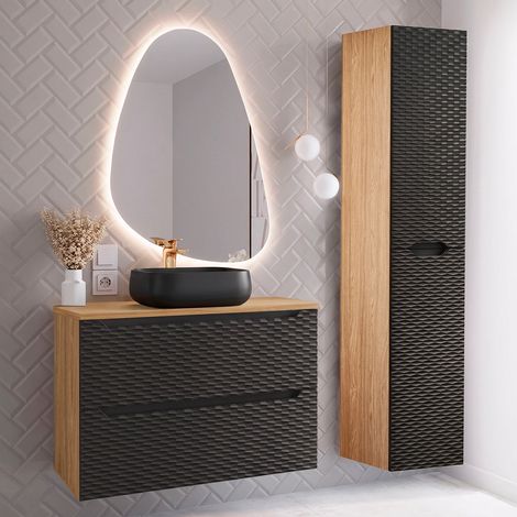 Conjunto de muebles con lavabo individual 80cm y columna Elora Negro y madera (1/5)