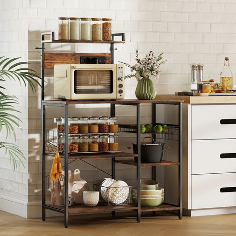 Estantería de cocina independiente con 2 enchufes, 5 ganchos en S, 5 baldas, cesta, refuerzos en X, acero, 90 x 42 x 130 cm