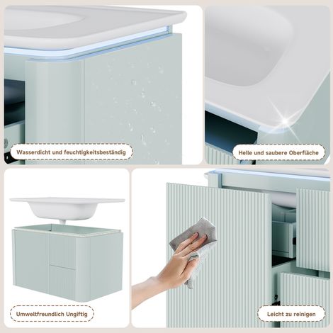 Meuble sous vasque mural 80,5x47,5x51cm, laqué intégral, structure verticale, lampe LED à détecteur de mouvement radar, tiroirs silencieux, design anti-choc, vasque monobloc, vert (1/5)