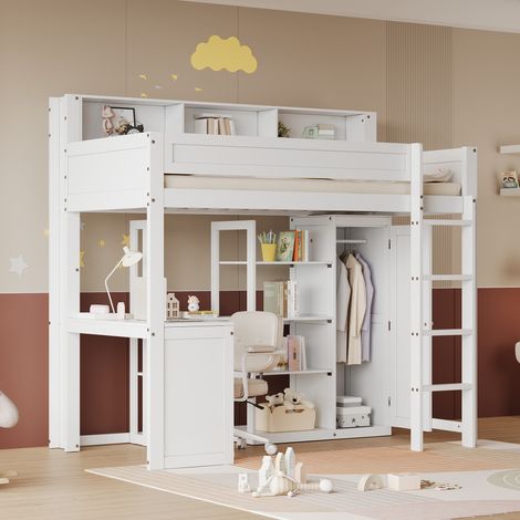 Lit superposé avec table et armoire, lit enfant, avec barrière de sécurité, étagères et échelle à quatre marches, espace de rangement intégré, pin + MDF + contreplaqué, blanc, 90 x 200 cm (1/4)