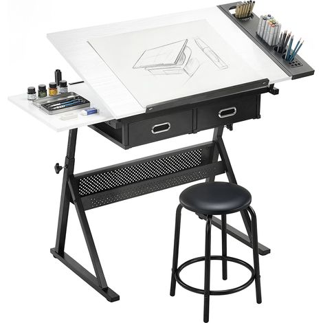 Table à dessin - HOMCOM - avec tabouret et 2 tiroirs - hauteur réglable, plateau inclinable 0° à 60° - MDF - 120x60x68-92cm - blanc