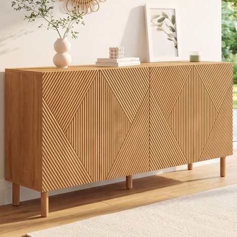 Aparador HIMARA 160 cm, 4 puertas, listones geométricos de madera clara (1/5)