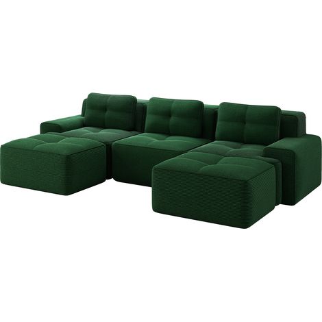 Divano modulare a U verde in velluto a coste con pouf, 3 posti, senza montaggio (1/5)