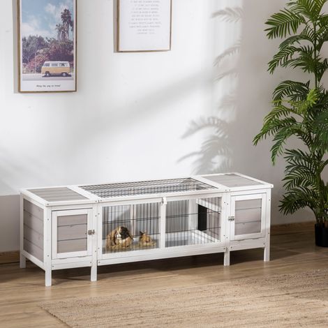 Stylish Indoor Rabbit Hutch with Easy-Clean Tray, Removable Divider, Durable Fir Wood and Steel, Assembly Required for Pet Comfort