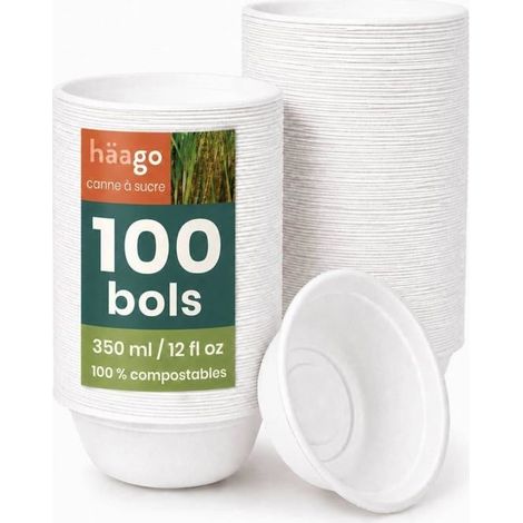 100 Bols Solides Compostables en Canne à Sucre (Bagasse), 350 ml / 12 oz – Bols Jetables Rigides, Anti-Graisse & Anti-Fuites – Pour (1/5)