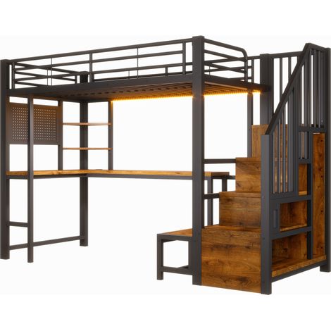Hochbett 90 x 200 cm aus Metall und MDF mit Schreibtisch, Regalen, LED, Schwarz (1/5)