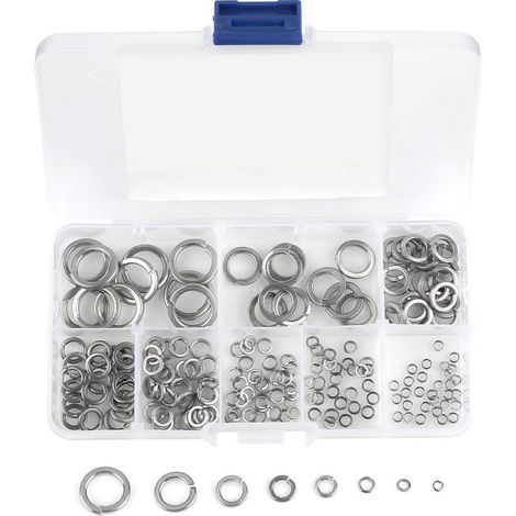 Rondelles de Blocage à Ressort, 180pcs 8 Tailles Kit D'assortiment de Rondelles à Ressort en Acier Inoxydable avec boîte Transparente, Rondelles à Ressort - M2 M2.5 M3 M4 M5 M6 M8 M10.