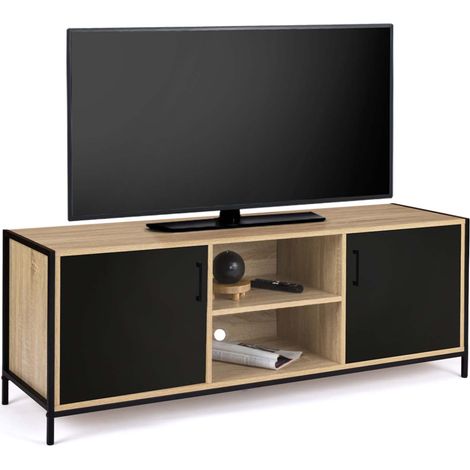 Idmarket – Meuble TV 140 cm bicolore BOSTON – Bois et métal – 2 portes – Plateau 140x40 cm – Trou passe-câbles – Style industriel