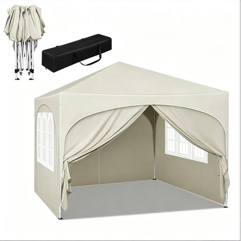 Faltpavillon 3 x 3 m, Beige, mit 4 Seitenwänden, Oxford-210D-Dach und Tragetasche (1/5)