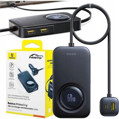 Caricabatterie da auto Baseus VW1 da 60 W per 6 dispositivi, con cavo USB-C retrattile. (1/5)