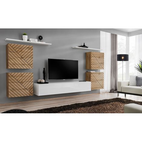 Ensemble de 7 meubles muraux "Switch IV " pour TV en bois - Beige et Blanc - L 320 x H 160 x P 40 cm - Livraison gratuite