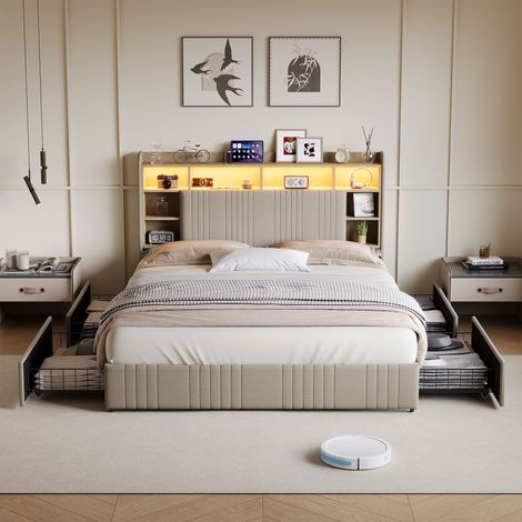 Letto matrimoniale 160x200 cm con contenitore, 4 cassetti, testiera con USB e LED, rete a doghe, per camera moderna - beige