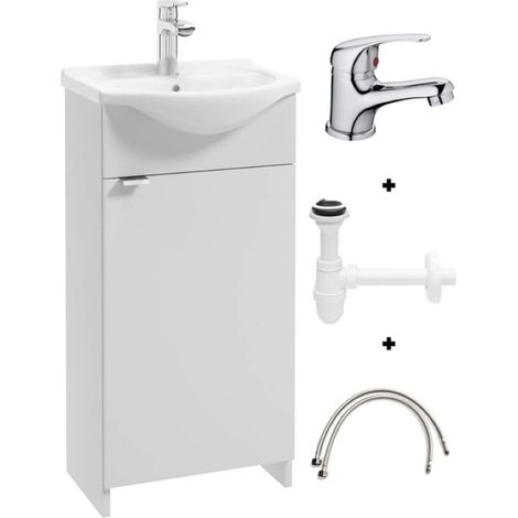 Mobile da bagno con lavabo da 40 cm, autoportante, bianco, con sifone e rubinetto cromato, Kredo