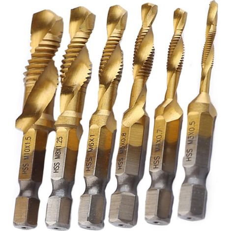 Lot de 6 Forets Taraudage en Acier Rapide Hss à Tige Hexagonale, Faible Résistance de Coupe, Outil pour Perceuse à Bois et Métal (1/4)