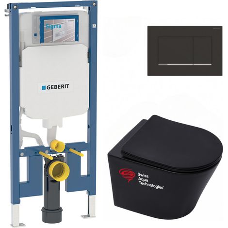 Pack WC Bati-support Geberit + WC suspendu sans bride Swiss Aqua Technologies + Abattant SoftClose + Plaque noire mat/chrome