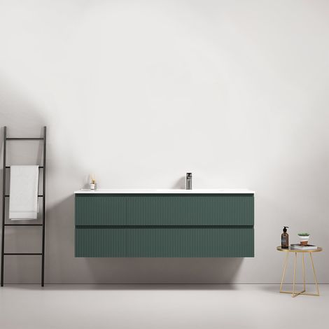Mobile bagno sospeso cannettato 140 cm Verde Comodoro Lavabo a Destra in Resina Senza Specchio - Fiji Paint