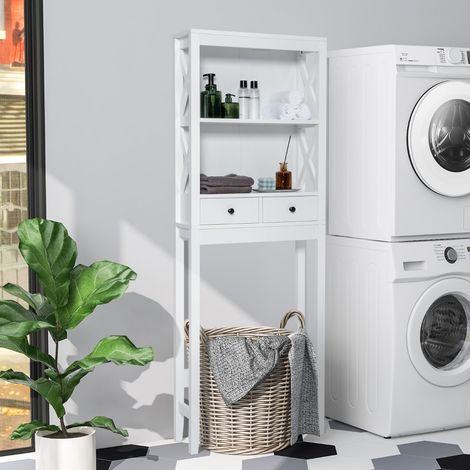 Étagère de Rangement Au-Dessus des Toilettes Organisateur de Salle de Bain Autoportant de 165 cm avec Étagères Ouvertes Tiroirs Blanc (1/2)