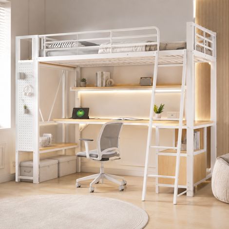 Hochbett 90x200 cm Weiß aus Metall und MDF mit Schreibtisch, LED-Leiste, Stauraum, Regalen, Lochwand und USB-Anschluss (1/5)