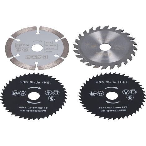 Lot de 4 mini lames de scie circulaire en acier allié, 85 mm, pour la coupe du bois et du plastique. (1/5)