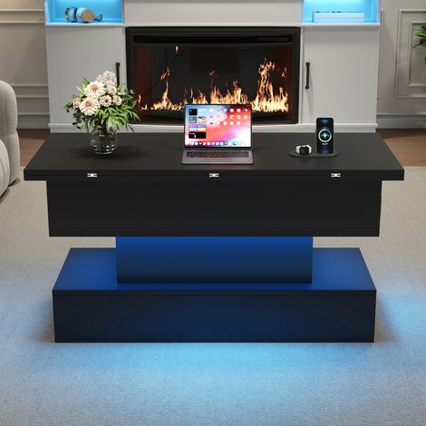 Table basse noire 100x50x51,5 cm avec prises USB-C et USB, éclairage LED intégré, table de salon multifonctionnelle relevable et réglable en hauteur, avec rangement, usage chevet ou repas (1/5)