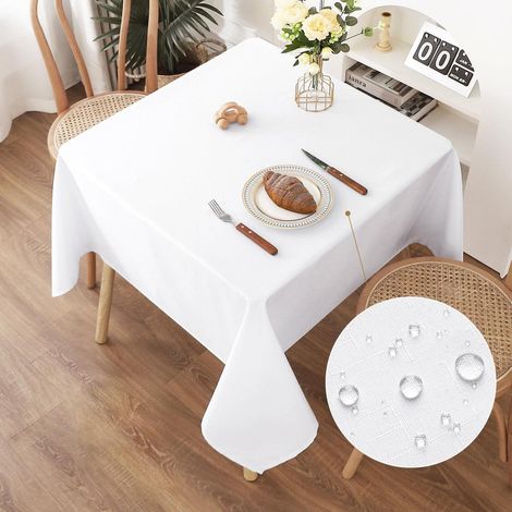 Nappe lavable aspect lin 140x140cm Blanc, hydrofuge, résistant aux rayures