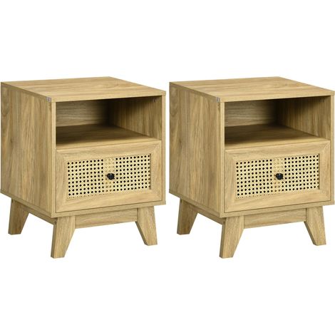 Lot de 2 tables de chevet HOMCOM table de nuit meuble de rangement tiroir porte cannage et niche design vintage 45 x 39 x 56,5 cm (1/5)