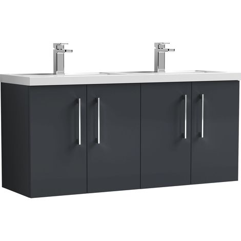 Balterley Bramshall 1205mm Wall Hung 4 Door Vanity Unit & Double Polymarble Basin for Modern Bathroom Storage - Dark Grey