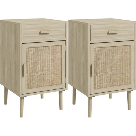 Ensemble de 2 tables de chevet avec tiroir et porte, style bohème, en rotin et coloris bois.