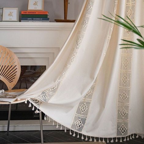 Rideaux Boho Rideaux Lin Coton Line Hollow Opaque Beige 150240cm (Par le Poltyp) (1/5)