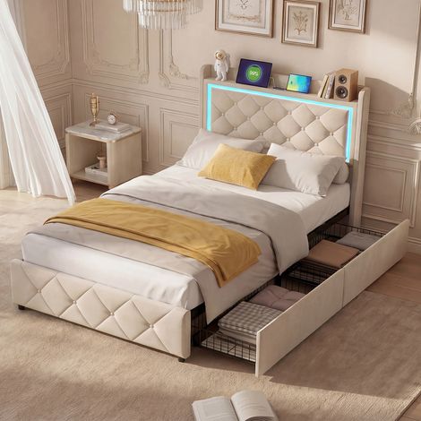 Lit capitonné 90x200cm avec rangement, Tête de lit avec étagères, éclairage LED, ports USB & Type-C – lit Coffre à gaz et tiroirs intégrés, Sans matelas, Velours, Beige (1/4)