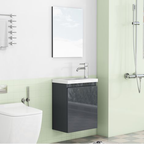 Mobile bagno sospeso 40 cm con lavabo in ceramica e specchio, grigio lucido DESVIAE (1/5)