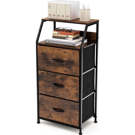 Goplus – Console industrielle à 3 tiroirs en MDF et acier – 2 étagères ouvertes – Dimensions 45 x 29,5 x 92 cm – Pour bureau et salon, brun rustique (1/5)