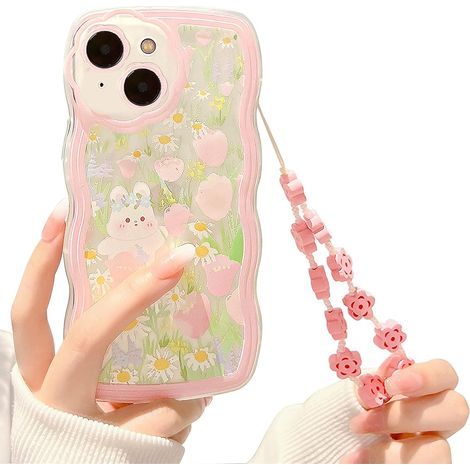 Compatible avec la coque iPhone 14, cette adorable coque transparente à motif floral et lapin avec dragonne en perles en forme de cœur est idéale pour les femmes. (1/5)