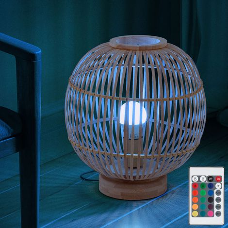 Lampada da tavolo bambù lampada boho lampada da comodino lampada a sfera camera da letto colore naturale, cambia colore dimmerabile telecomando memoria, 1x LED 4.8W 470Lm bianco caldo, DxH 30x33.5 cm (1/5)