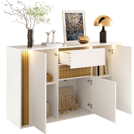 Buffet blanc et bois naturel, meuble de rangement 3 portes 1 tiroir, avec éclairage LED réglable, 140x40x82 cm (1/5)