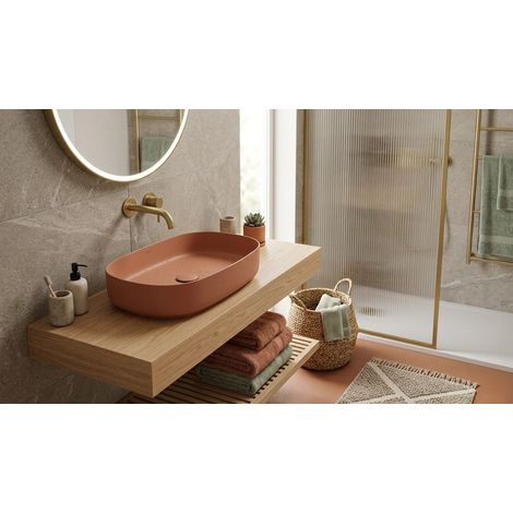 Lavabo ovale da appoggio senza troppo pieno in ceramica senza foro rubinetto - Terracotta Opaco