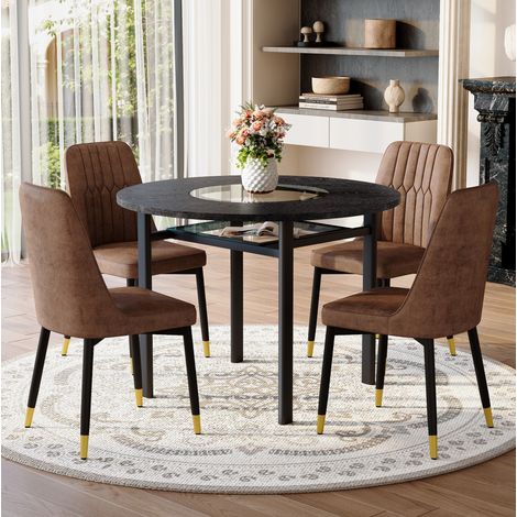 Ensemble table ronde moderne 100 cm en MDF noir avec 4 chaises marron en tissu (1/5)